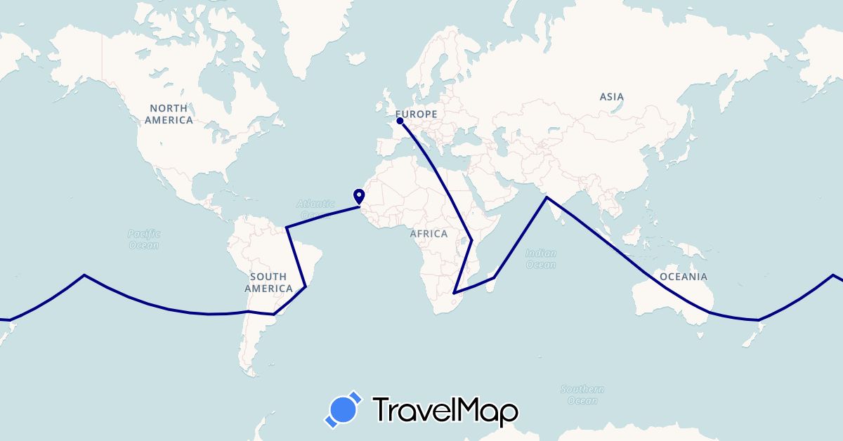 TravelMap itinerary: driving in Argentina, Australia, Brazil, Chile, France, French Guiana, Indonesia, India, Kenya, Madagascar, New Zealand, French Polynesia, Senegal, South Africa (Africa, Asia, Europe, Oceania, South America)
